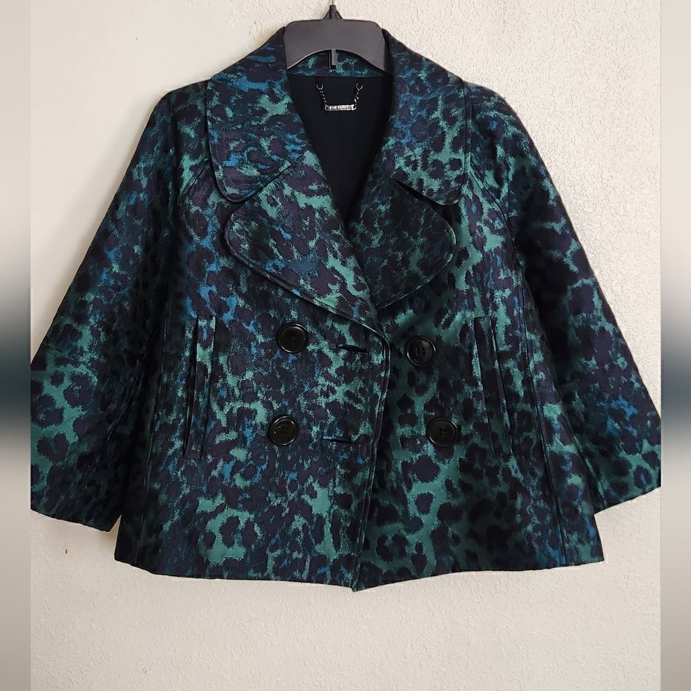 Elie Tahari Edna Leopard-Print Lacquard Green Multi Jacket Size Small - Picture 2 of 15
